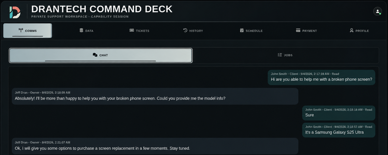 Drantech client portal shown on desktop