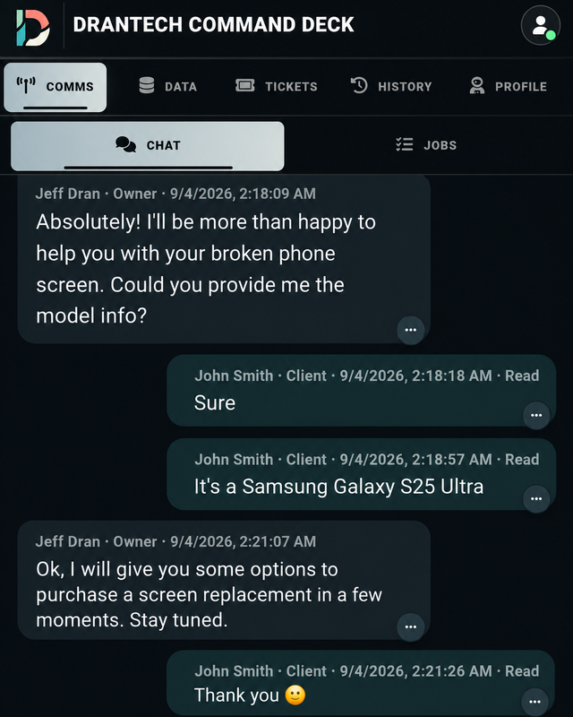 Drantech client portal shown on a phone
